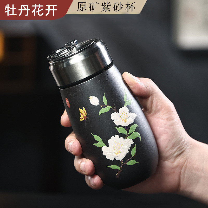 宜兴紫砂保温杯纯手工泥绘牡丹杯商务送礼国风高档便携个人茶水杯