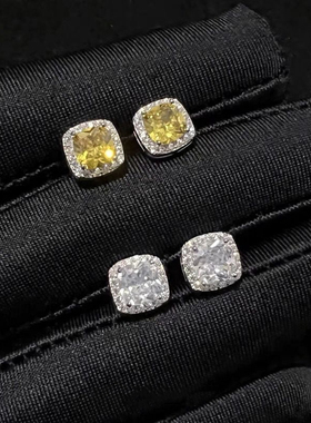 S925纯银黄钻锆石耳钉2024新款冰糖小众欧美男女嘻哈潮流耳饰潮