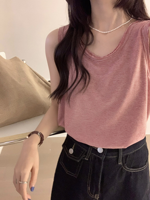 现货！OMELET蛋卷韩版休闲百搭麻料细横条背心