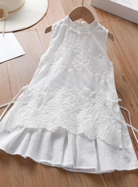 新中式国风女童连衣裙原创新款儿童旗袍假两件礼服裙白色公主裙