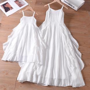 收腰海边女童装 母女白色连衣裙夏季 超仙荷叶边吊带长裙 夏装 亲子装