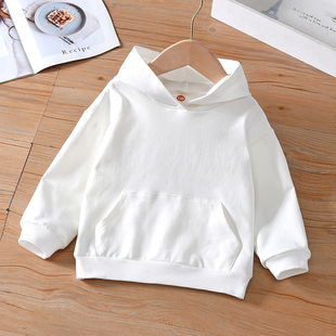 女童秋装长袖白色连帽卫衣春秋装新款中大男童装纯色兜袋落肩上衣