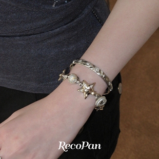 RecoPan星星派对/原创精工镀真白金肌理纹手工拉丝百搭时髦手镯