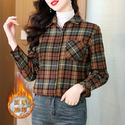 n21春秋妈妈装加绒格子纯棉长袖衬衫休闲寸衫c01中老年女衬衣褂子
