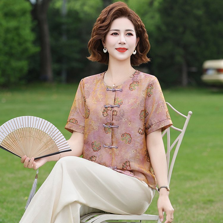 y66中老年夏装妈妈装新中式宽松女夏季盘扣唐装阔太太复古a93上衣