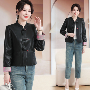 皮夹克中老年女装 妈妈装 c05皮外套 中年洋气皮衣女盘扣唐装 n76秋季