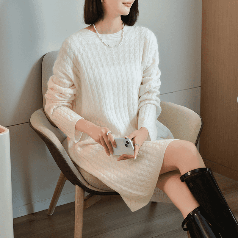 SS656秋冬七针双线加厚麻花纯羊毛连衣裙女圆领针织慵懒风中长裙