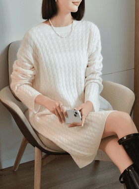 SS656秋冬七针双线加厚麻花纯羊毛连衣裙女圆领针织慵懒风中长裙