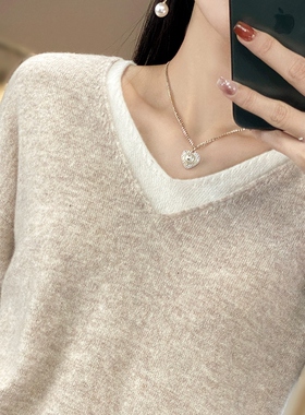 CB2555女士100%羊毛假两件V领毛衣:甜系温柔风的秋冬穿搭小心机