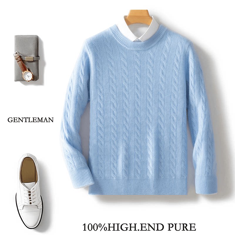 DLW8055秋冬款100%纯羊毛圆领七针加厚麻花韩版商务休闲男士毛衣