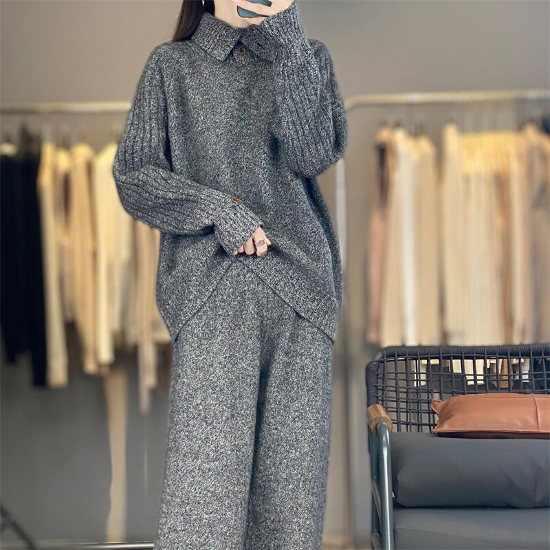 WZ853秋冬女士100%羊毛花纱三股系扣针织套装 毛衣+阔腿裤两件套