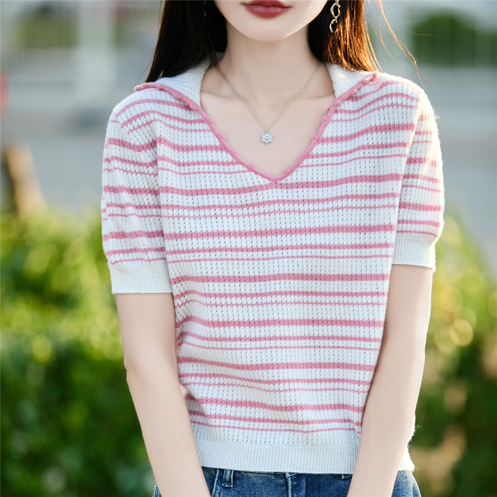MT8284春夏秋冬女100%羊毛条纹半开领针织衫短袖花边泡泡袖设计