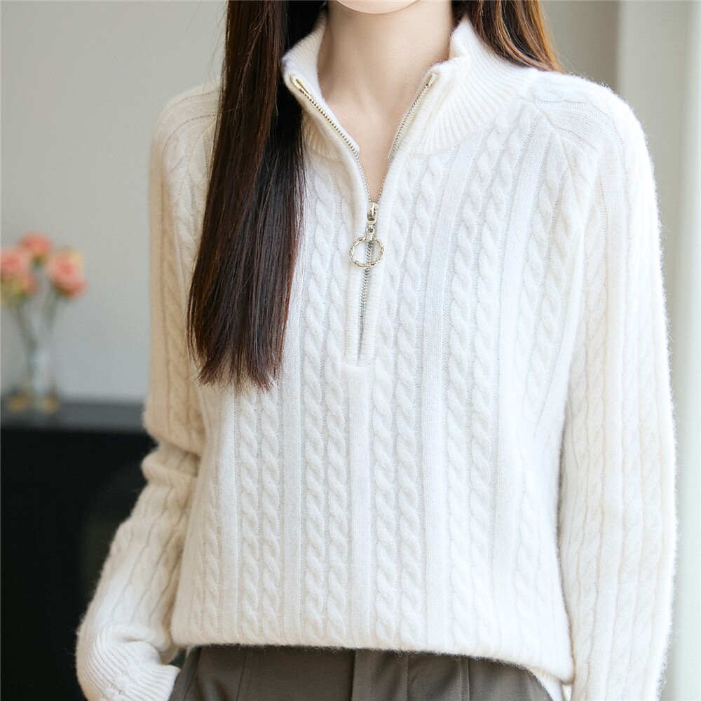 YYY2558秋冬气质女士100%羊毛针织衫半高领拉链麻花显瘦长袖毛衣