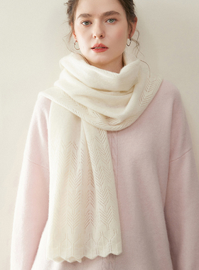 ZX10174秋冬女士100%山羊绒镂空针织围巾 百搭喜庆保暖长款围脖