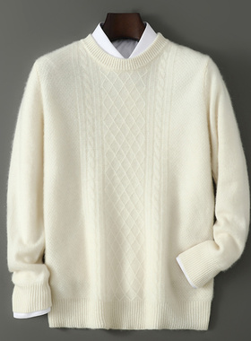QG601秋冬男士100%羊毛圆领针织衫毛衣:菱格提花+日常出行外搭