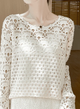 秋冬新款甜美宽松百搭100%羊毛衫长袖镂空钩花小衫上衣BM24004