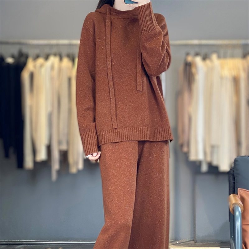 WZ881秋冬女100%羊毛七彩亮丝针织套装,休闲连帽衫+阔腿裤两件套