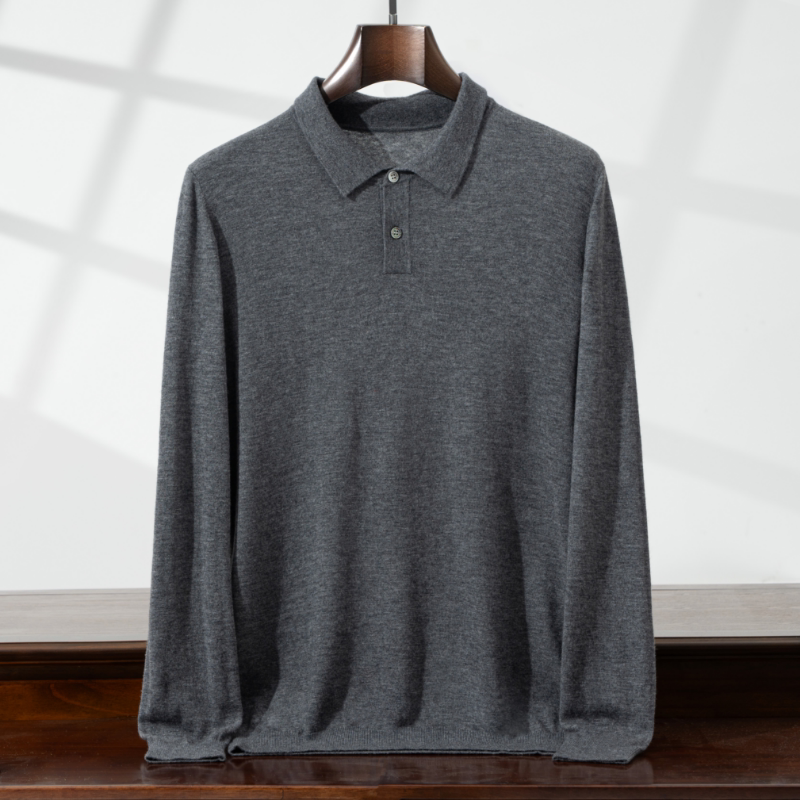 XW2467春秋精纺100羊毛薄款男士内搭打底衫商务翻领休闲百搭上衣