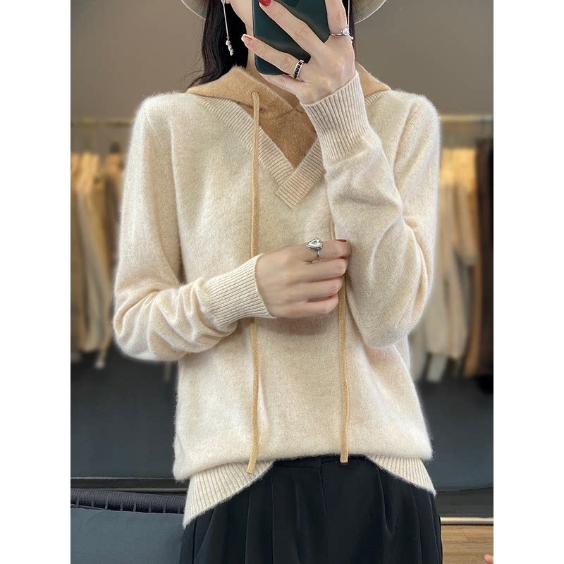 MT8129连帽100%羊毛衫女秋冬拼接假两件卫衣帽衫宽松休闲针织打底