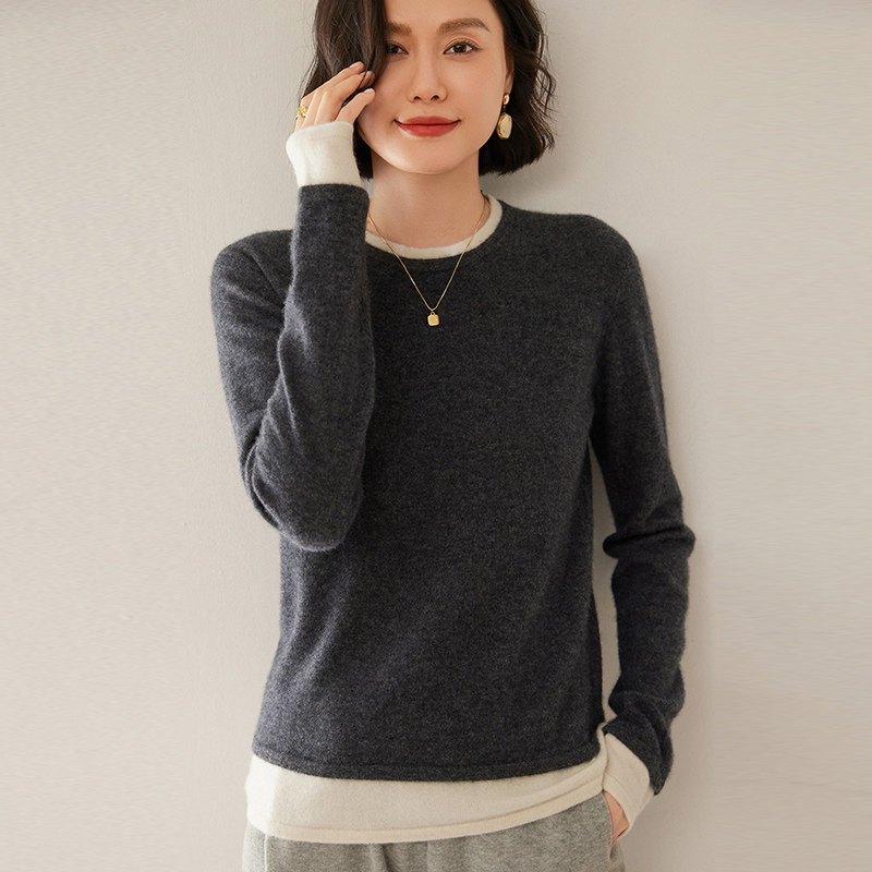 SD879拼色保暖羊绒针织衫女秋冬圆领软糯亲肤宽松显瘦长袖打底衫