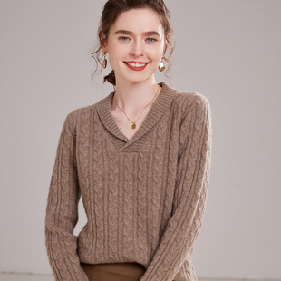 YZL2338秋冬羊绒毛衣女 V领绞花纹理套头上衣 小翻V领设计风格