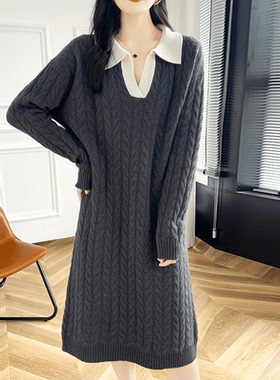 秋冬翻领中长款套头纯羊毛针织衫长袖气质连衣裙打底衫MT8205