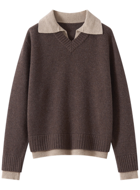 DY655秋冬女100%羊毛POLO领针织毛衣 复古V领针织衫 松慵懒风上衣