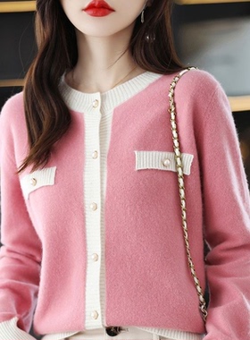 ZA-22034羊毛衫外搭纯羊毛针织开衫女小香风外套圆领宽松羊毛上衣