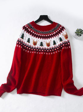 DS1秋冬新日系少女心红色樱桃新年圣诞日系慵懒复古圆领套头毛衣