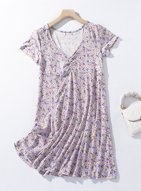 D4-4夏新款女装甜美气质V领高腰a字短裙紫色小碎花修身短袖连衣裙
