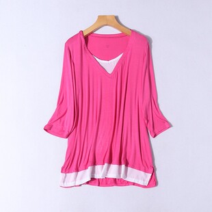 H21-2初夏女包邮针织弹力V领撞色假两件宽松开叉大码七分袖T恤衫