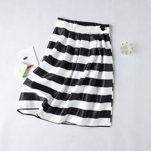 双层防透黑白条纹半身裙甜美可爱百搭光泽a字裙 女装 E69 4春夏新品