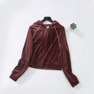 女装 丝绒修身 小外套插肩袖 E18 长袖 新品 连帽拉链短款 上衣 2春季