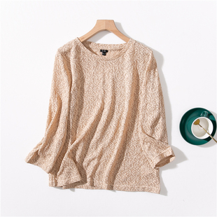 H61-3春季新品女装时尚性感亮丝镂空针织衫七分袖上衣纯色蕾丝衫