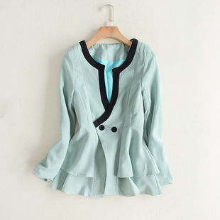 H62-4清仓春秋时装女款纯色V领修身显瘦荷叶边长袖开衫甜美短外套