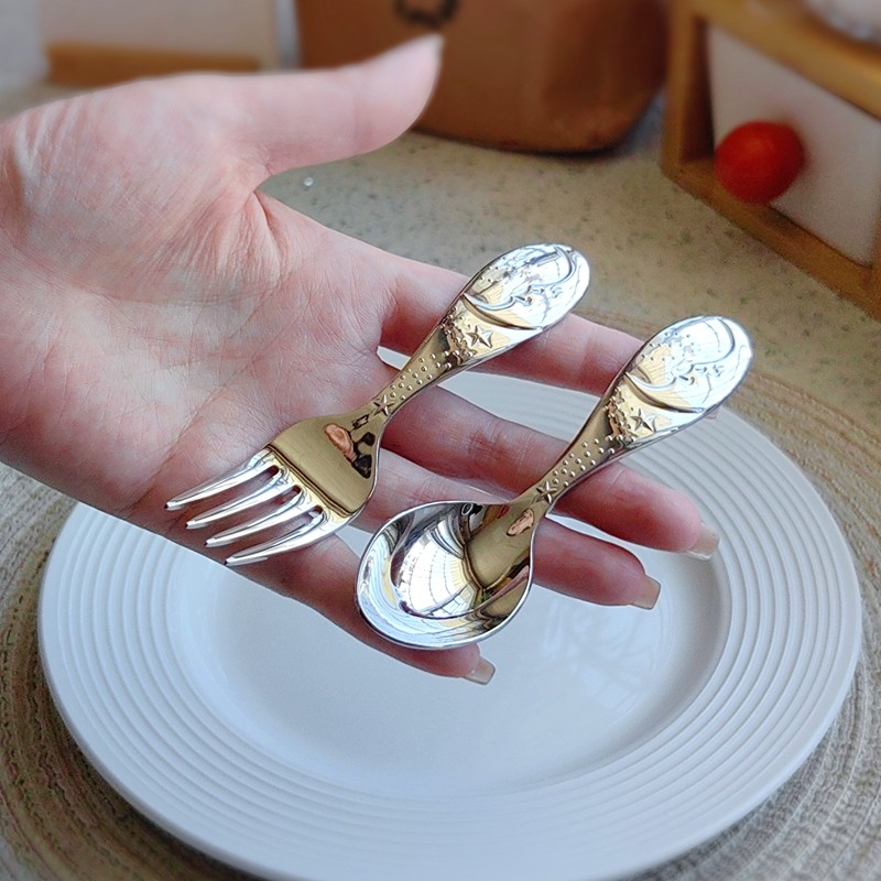 出口日本 304不锈钢儿童餐勺餐叉可爱月亮创意婴儿辅食短柄训练叉,餐饮具,叉/勺/筷套装,淘宝优惠券,粉丝福利购,淘宝优惠卷