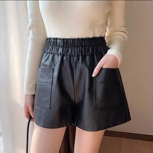 新款 女秋冬装 宽松显瘦200斤阔腿裤 a字裤 女 加肥加大码 皮裤 pu皮短裤