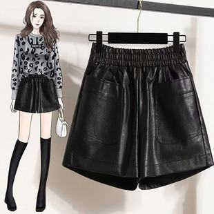 阔腿松紧a字外穿靴裤 皮短裤 高腰黑色百搭pu皮裤 2025新款 子 女秋季