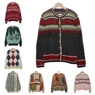 古着vintage孤品羊毛粗线北欧复古费尔岛文艺厚实波普图案毛衣A37