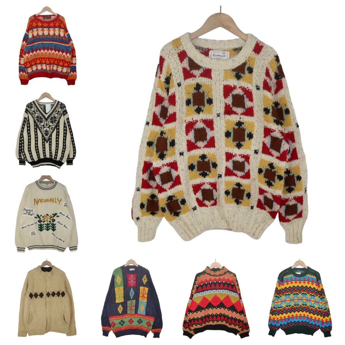 古着vintage孤品羊毛粗线北欧复古费尔岛文艺厚实波普图案毛衣A34