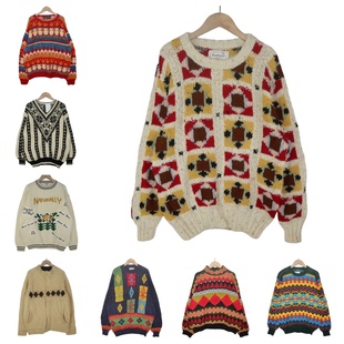 古着vintage孤品羊毛粗线北欧复古费尔岛文艺厚实波普图案毛衣A34