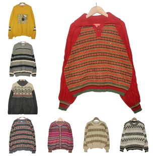 古着vintage孤品羊毛北欧复古费尔岛文艺厚实波普图案毛衣A41