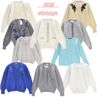 古着vintage孤品安哥拉兔毛文艺学院风软妹钩花钉珠少女毛衣B81