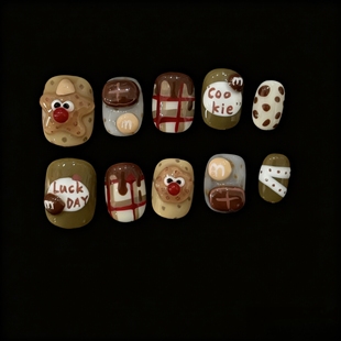 饼干人m豆纯手工穿戴甲可爱短款 卡通立体手绘咖色美甲贴片可拆卸