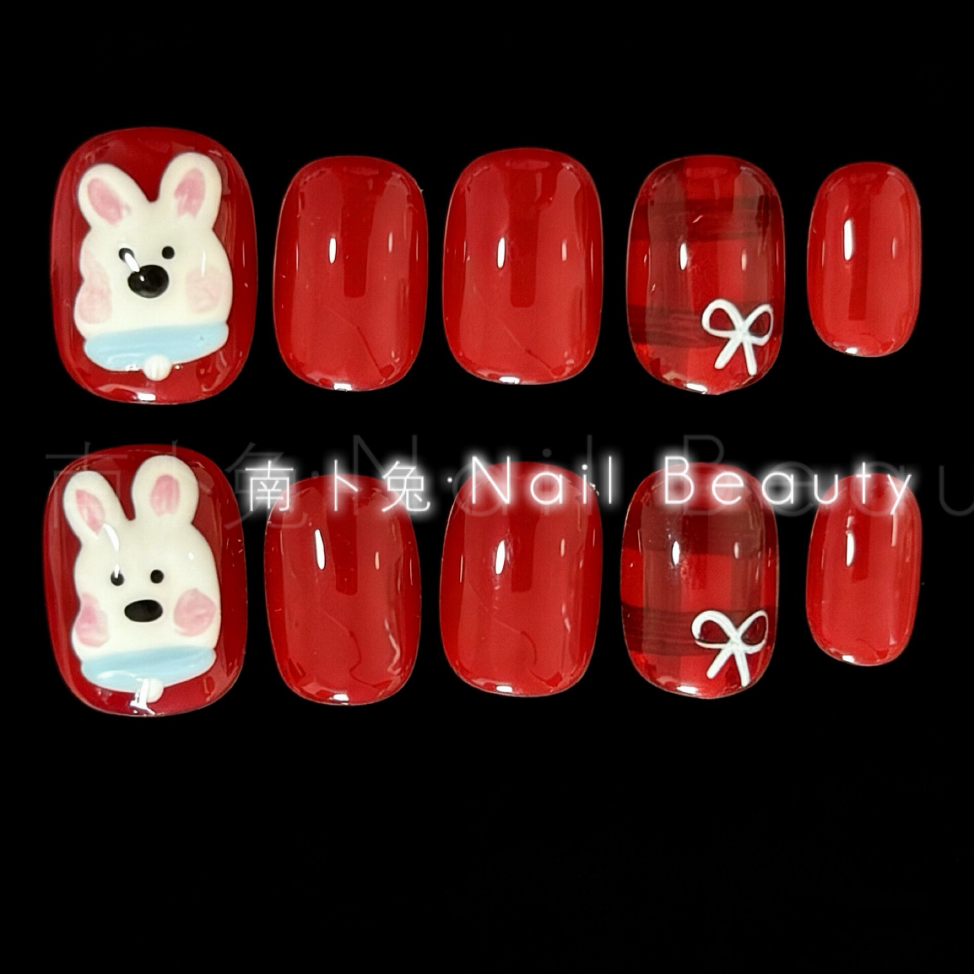 纯手工穿戴甲短款可爱卡通手绘小兔子美甲显白新年红色系