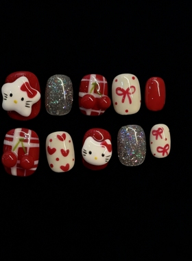 纯手工穿戴甲可爱风卡通立体kT樱桃红色显白过年圣诞短款穿戴甲