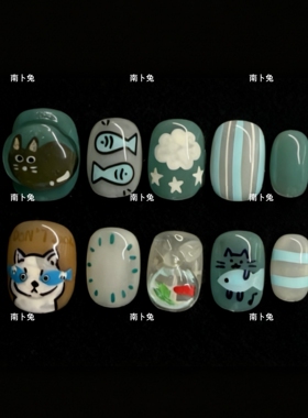 【瓶装猫】纯手工穿戴甲短款可爱卡通手绘小猫立体雕花美甲搞怪