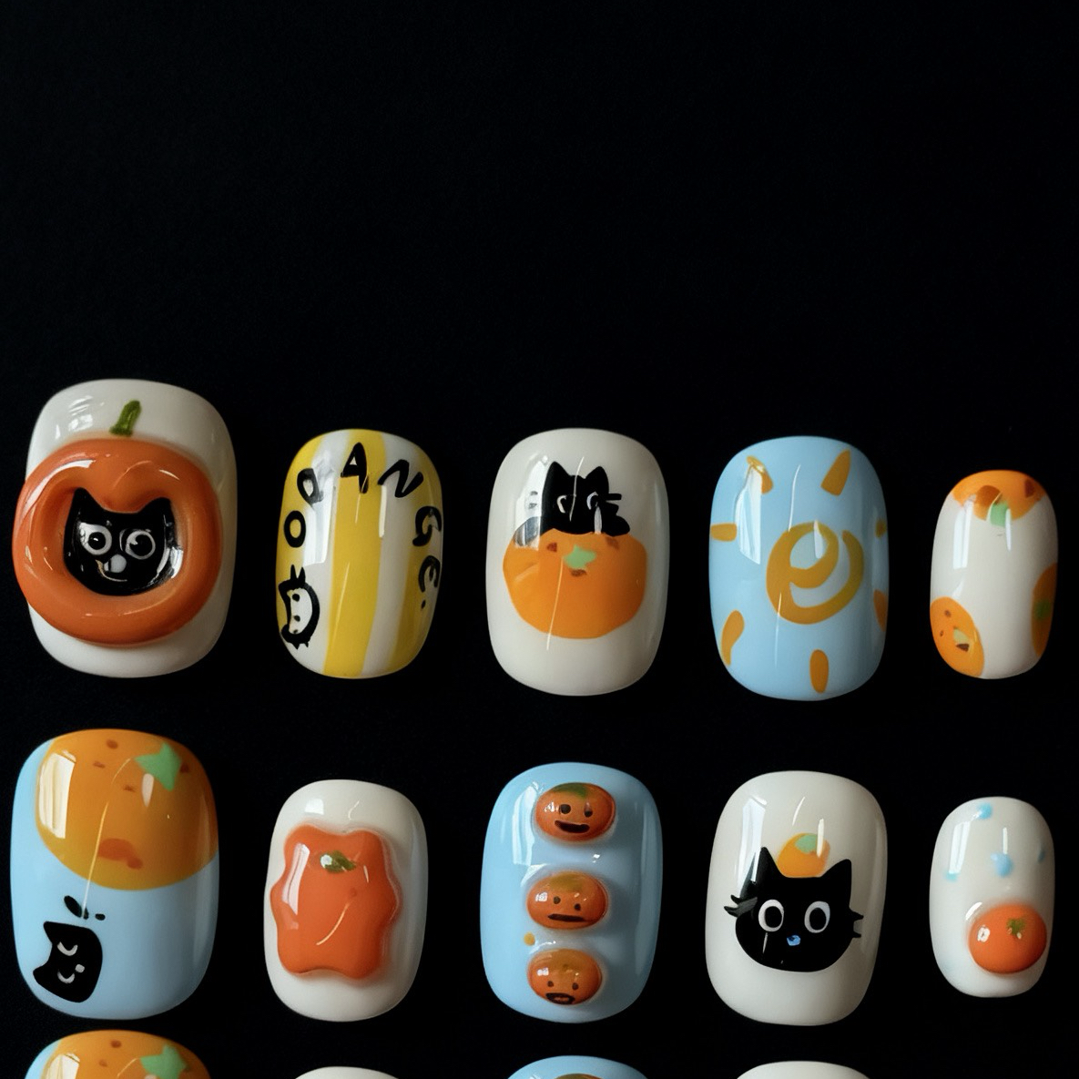 【爱吃柿子的猫】纯手工彩绘可爱柿子黑猫多巴胺甜美短款穿戴甲,彩妆/香水/美妆工具,穿戴甲/甲片,淘宝优惠券,粉丝福利购,淘宝优惠卷