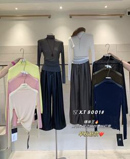 内搭长袖 XT8001木耳边高领打底秋高级感蕾丝拼接上衣修身 t恤女新