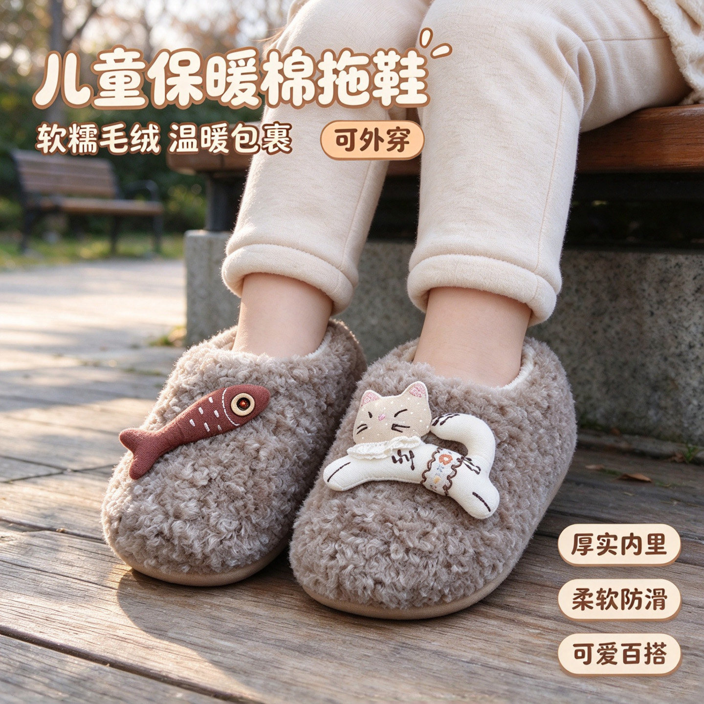 儿童卡通加绒保暖防滑半包棉拖鞋